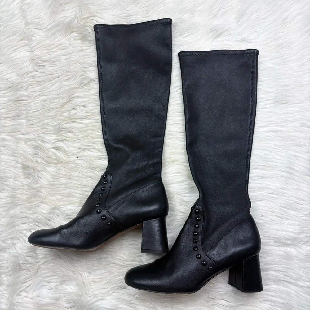 Coach Britney Leather Knee High Tall Studded Sock Boot Heeled Black Size 6